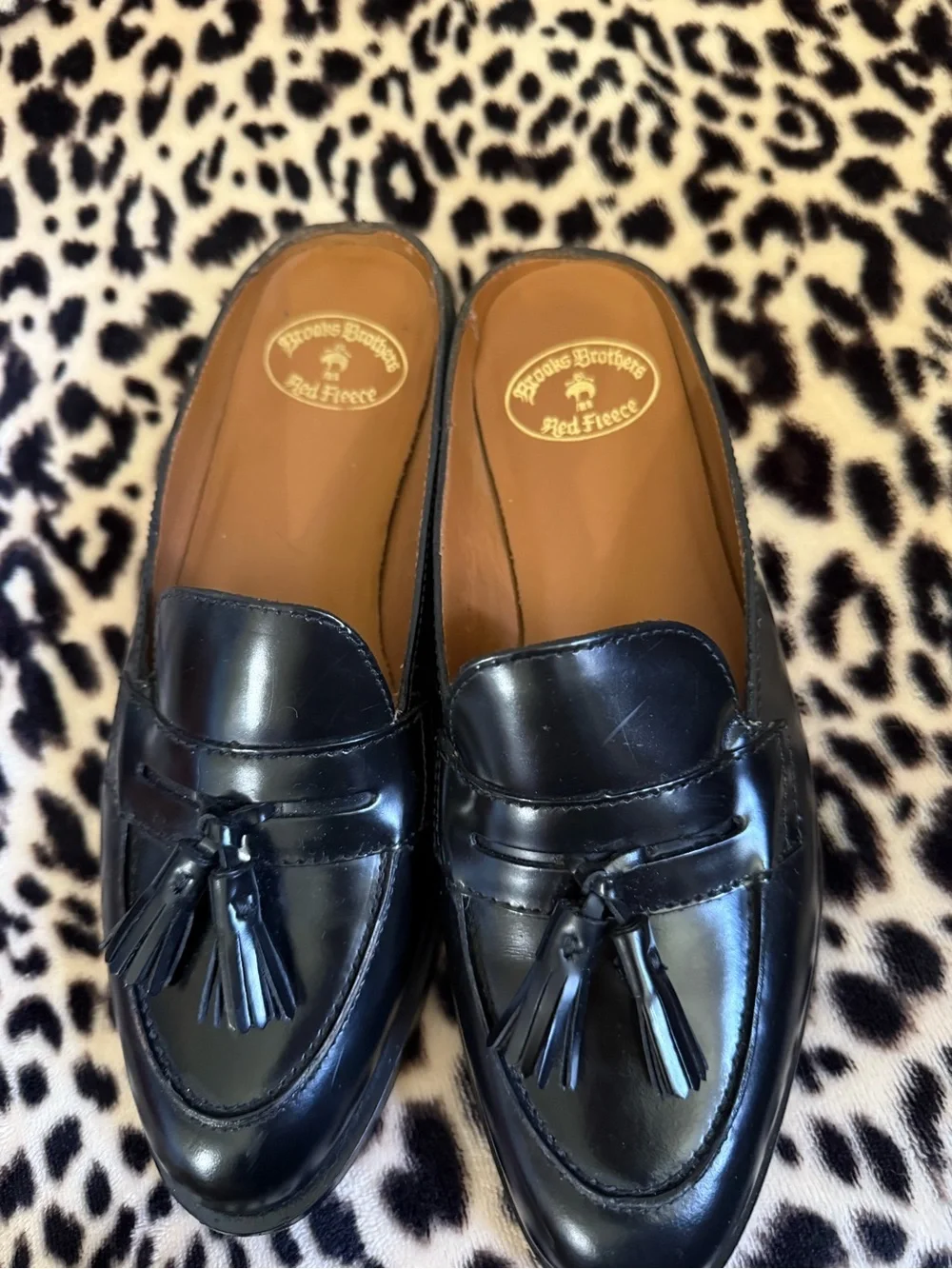 Brooks Brothers Black Leather Tassel Slip-On mules